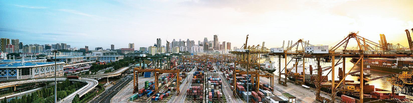 Container port with cranes and city skyline at sunset