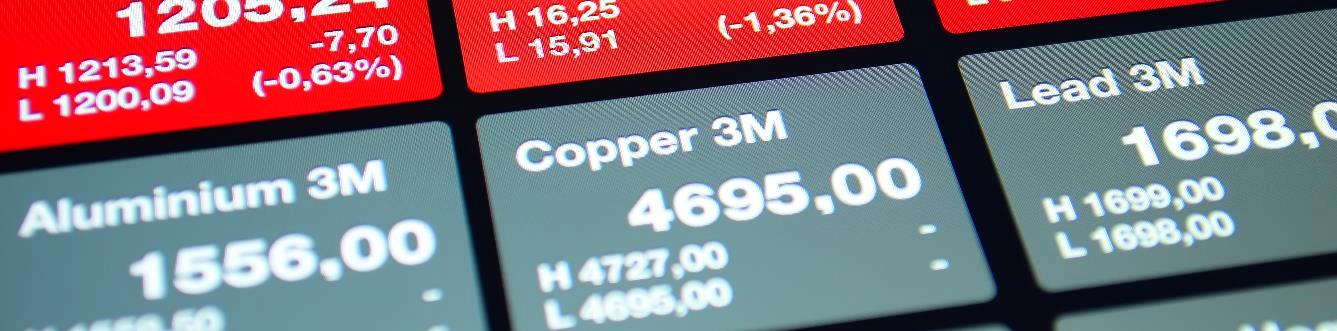 Exchange price board showing aluminum, copper and lead three-month prices